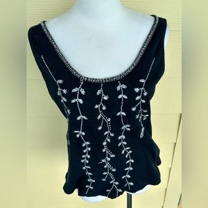 Vintage Dunia Hand Beaded Bohemian Black & Silver Tank Top L